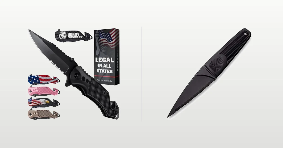 Legal Pocket Knife with glass breaker and seat belt cutter beside a Cold Steel FGX non-metallic knife