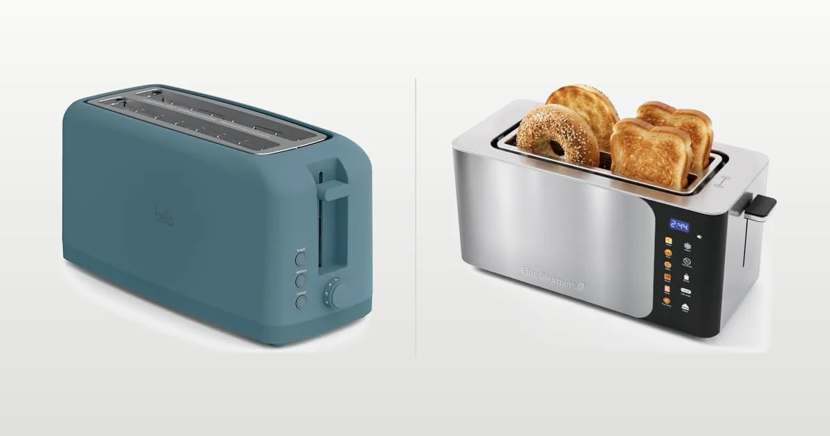 Four slice toaster with two long slots beside a four bay stainless steel toaster