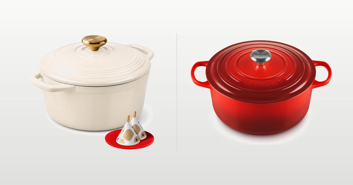 Overmont 5.5 QT and Le Creuset 7.25 qt enamelled cast iron dutch ovens compared side by side
