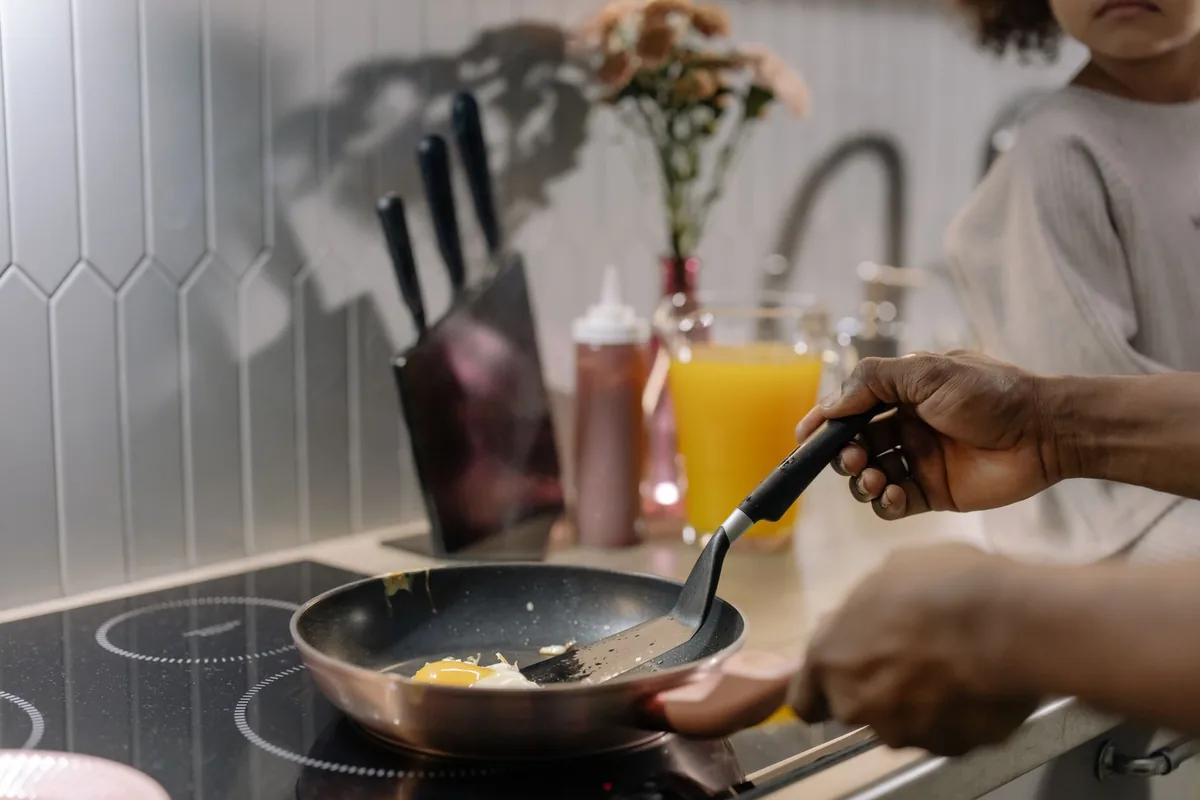 Eggs cooking in a nonstick pan