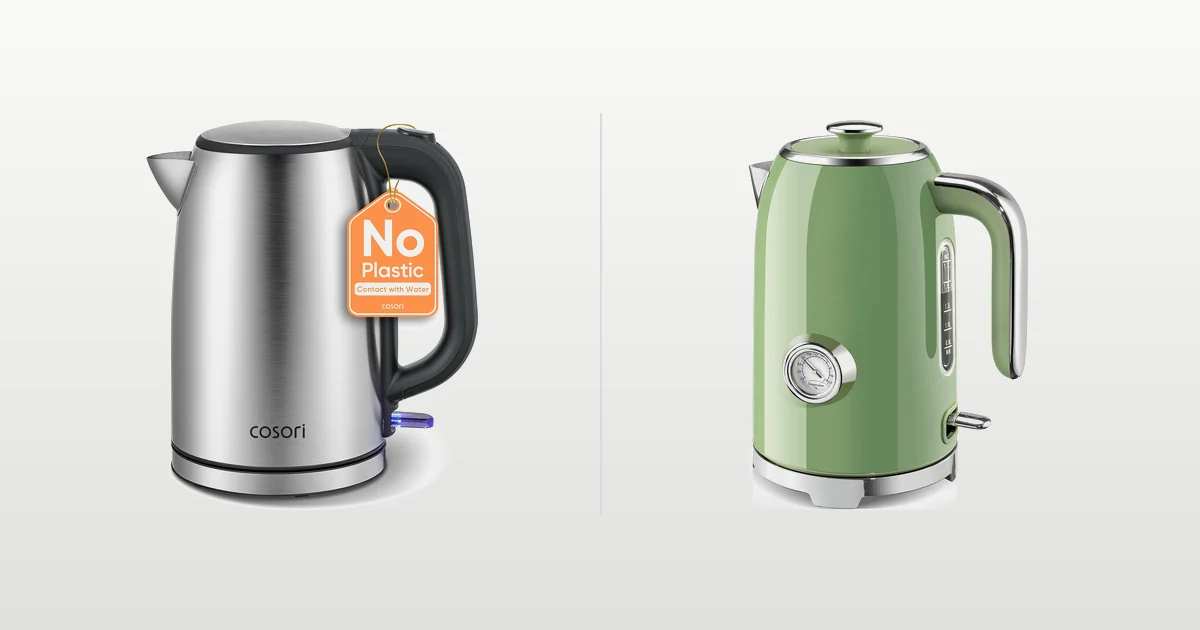 Cosori stainless and SUSTEAS thermometer electric kettles compared side by side