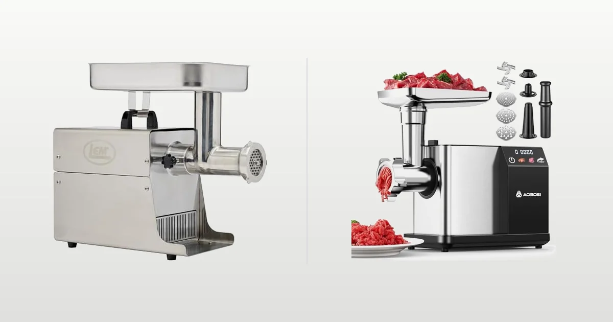 Heavy duty size 12 electric meat grinder beside a compact size 5 home meat grinder