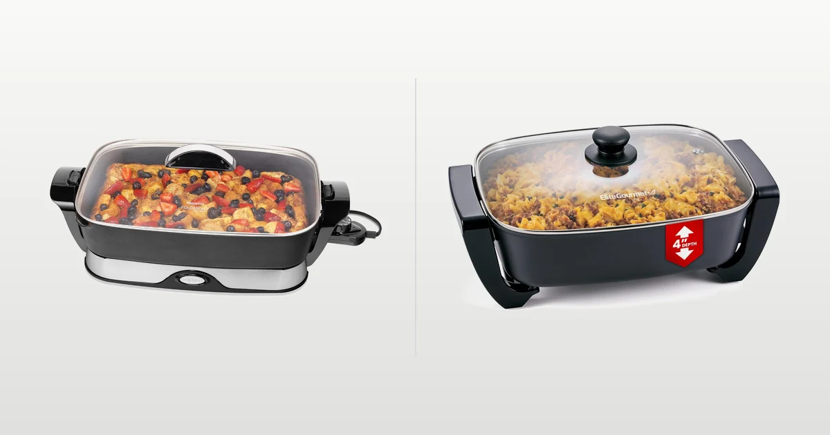 Presto foldaway and Elite Gourmet Ceralast electric skillets compared side by side