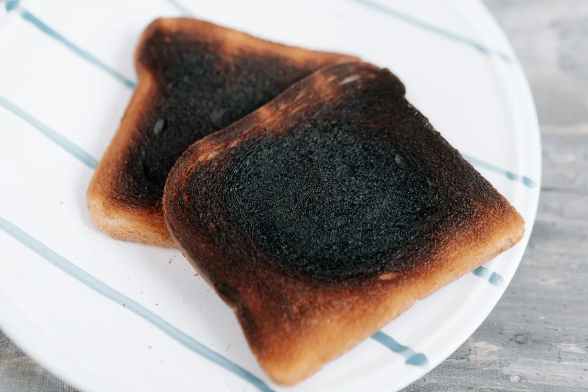 Two slices of burnt toast on a white plate