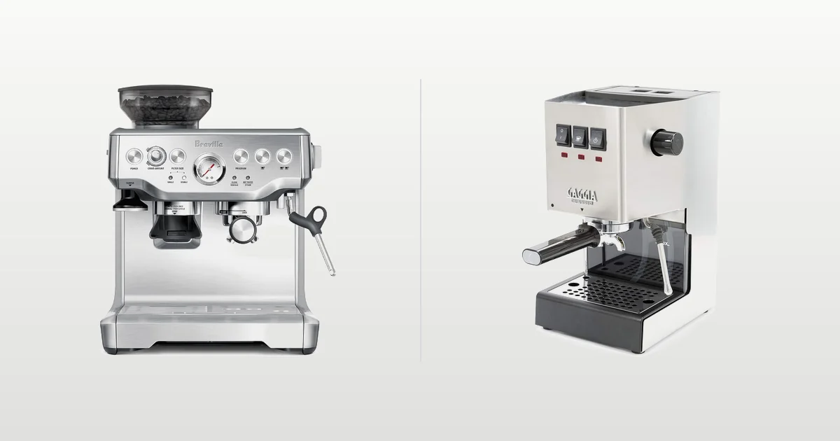 Breville Barista Express and Gaggia Classic Evo Pro espresso machines compared side by side