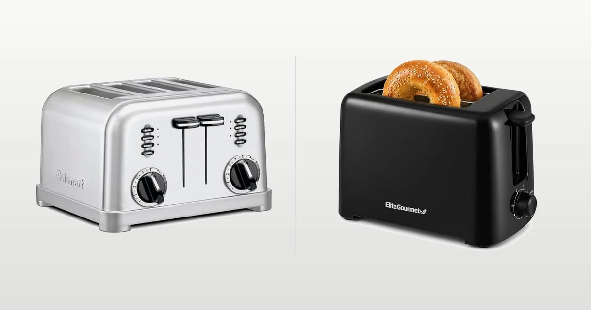 Elite Gourmet 1.25 inch slot toaster and Mueller UltraToast 1.6 inch slot toaster compared side by side