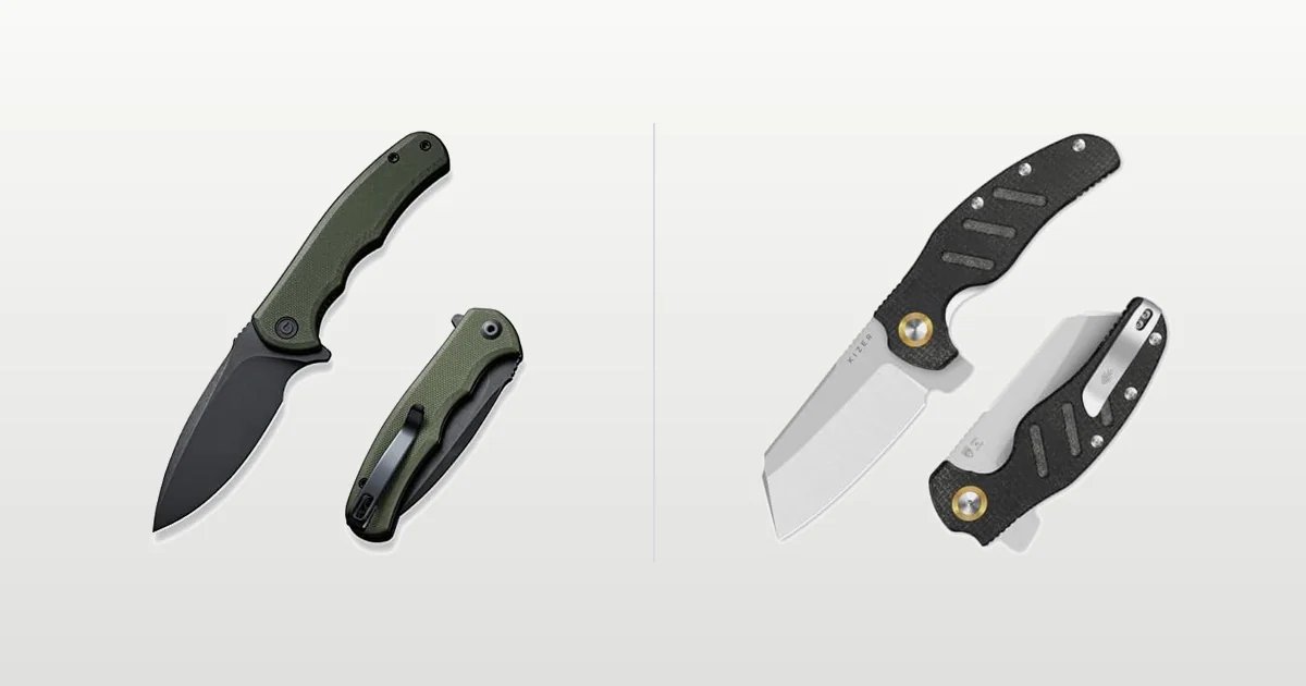 CIVIVI Mini Praxis flipper knife and Kizer C01C XL Sheepdog compared side by side