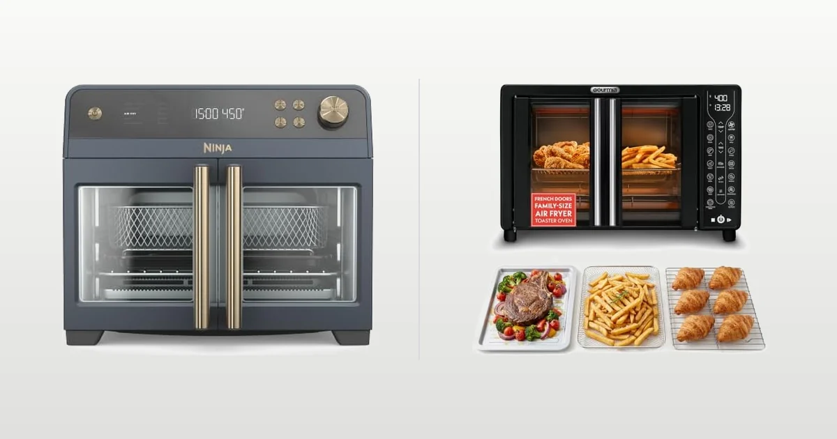 Ninja French Door Premier air fry oven and Gourmia French door air fryer toaster oven compared side by side