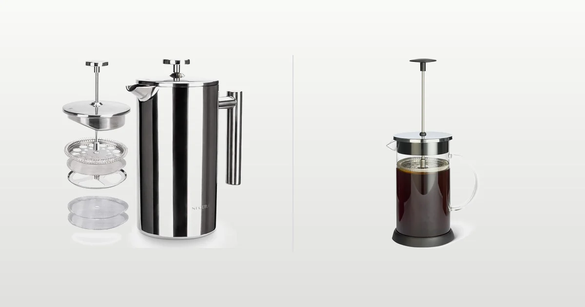 Secura stainless steel and Amazon Basics glass French presses compared side by side