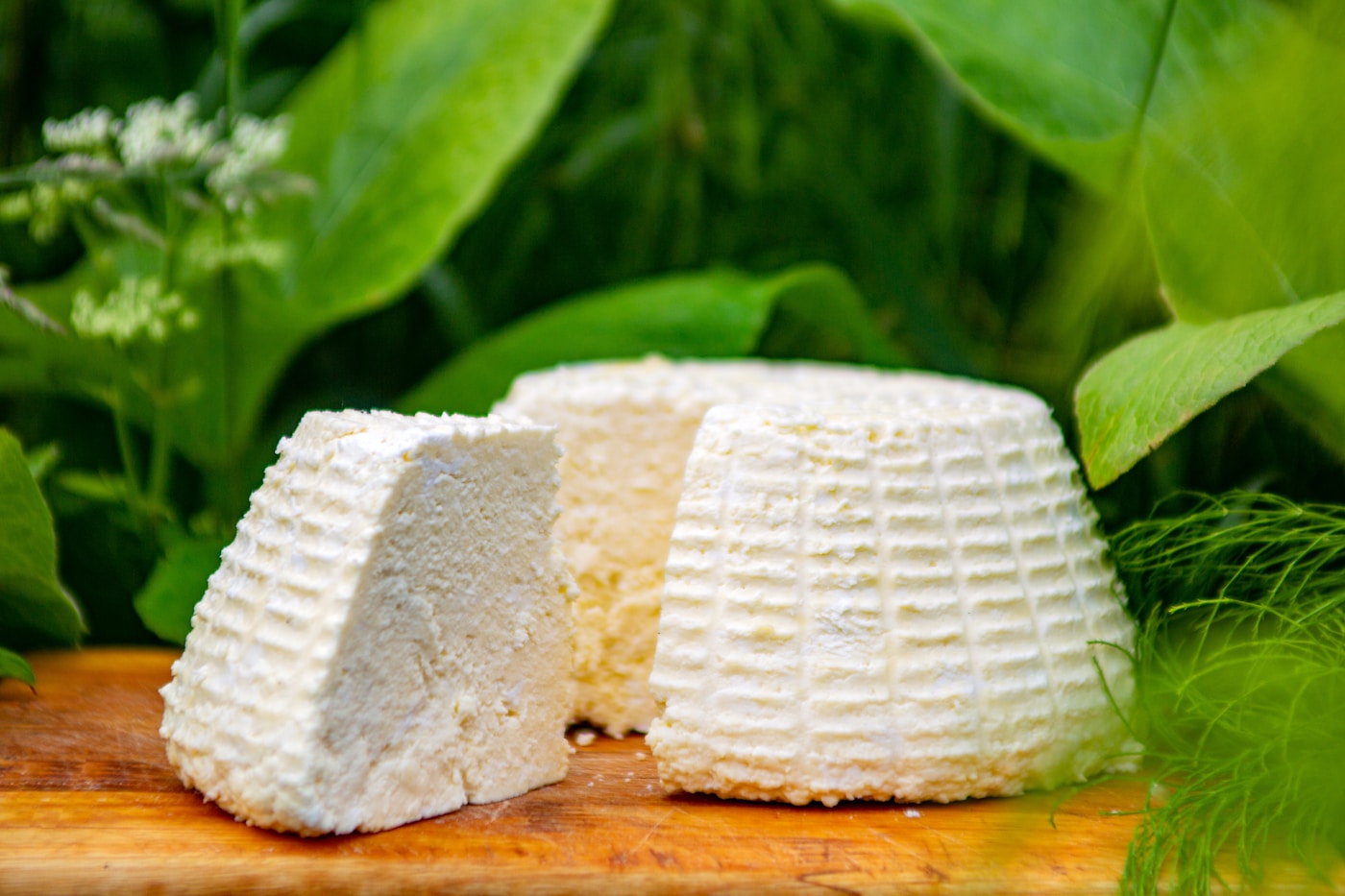 Fresh soft white ricotta cheese on a wooden board