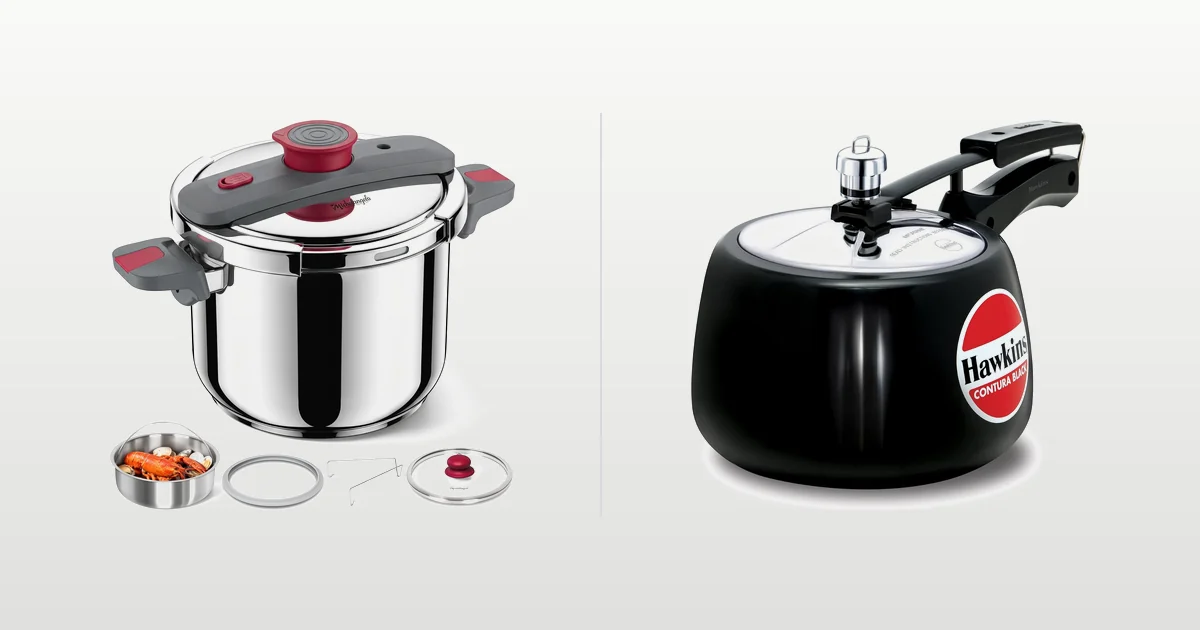 MICHELANGELO outer-lid and Hawkins inner-lid pressure cookers compared side by side
