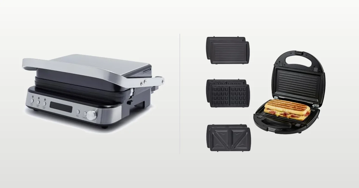 GreenPan 3-in-1 ceramic grill griddle and waffle maker and OVENTE 3-in-1 sandwich maker compared side by side