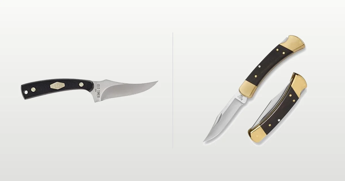 Schrade Old Timer Sharpfinger skinning knife and Buck Knives 110 Folding Hunter compared side by side