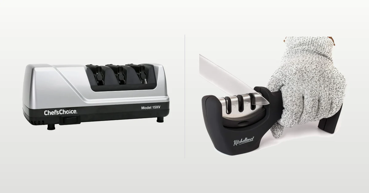 Chef'sChoice electric sharpener and KITCHELLENCE pull-through sharpener compared side by side
