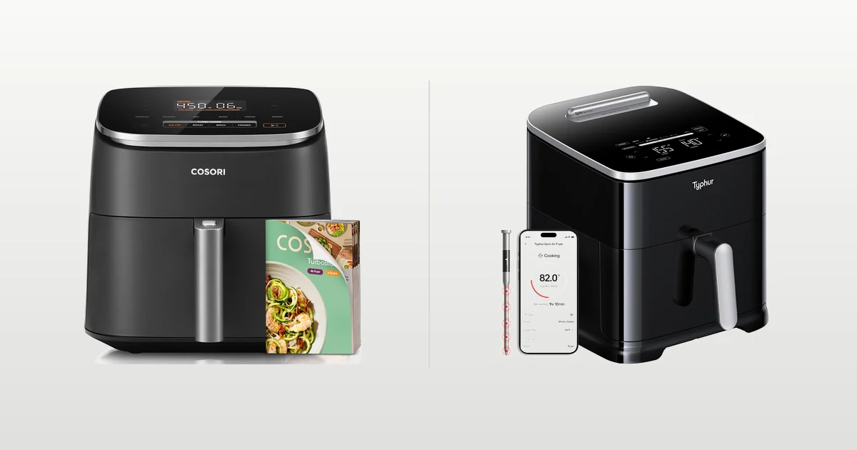 Cosori TurboBlaze and Typhur Sync large air fryers compared side by side
