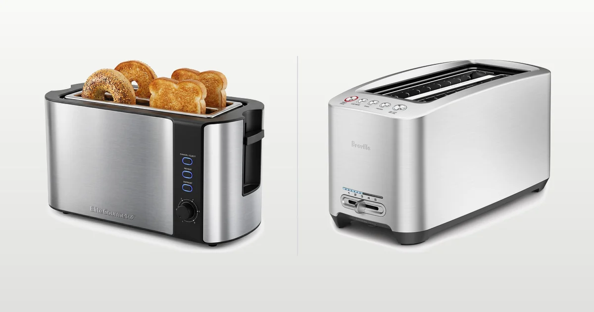Elite Gourmet ECT-3100 long slot toaster and Breville BTA830XL die-cast smart toaster compared side by side