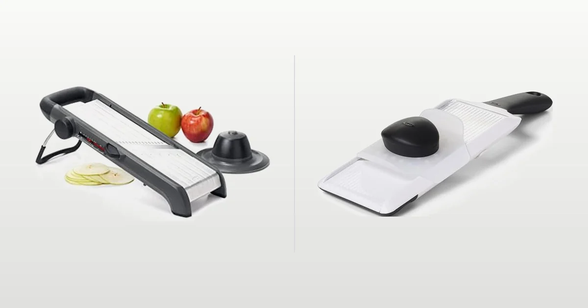 OXO Good Grips Chef's Mandoline Slicer 2.0 and OXO Good Grips handheld mandoline slicer compared side by side