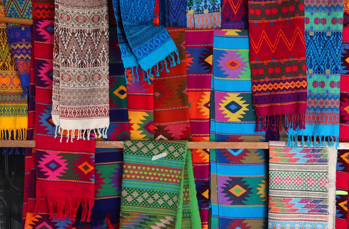Colorful traditional Mexican woven textiles on display