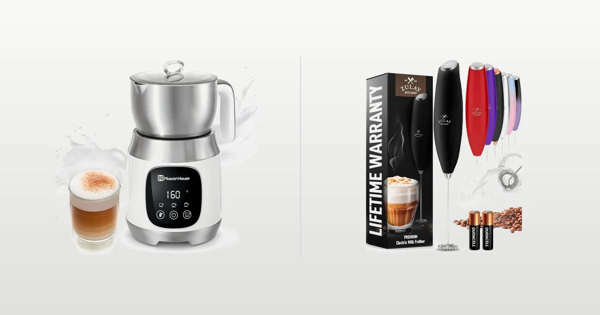 Maestri House DualFro 600 jug frother and Zulay handheld wand compared side by side