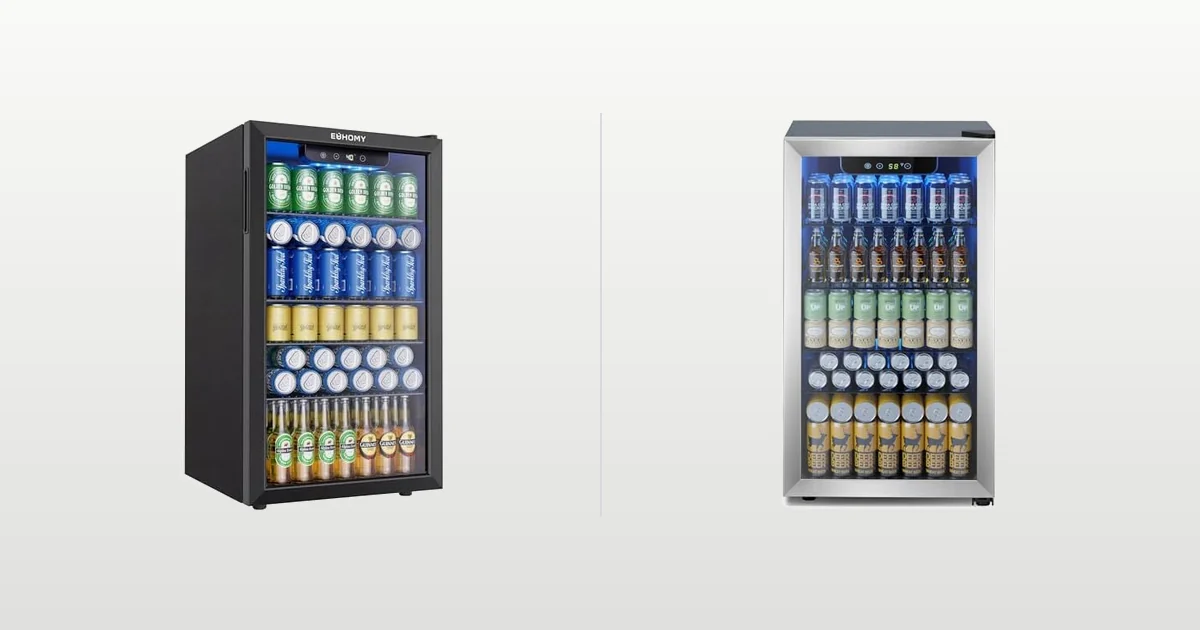 Glass door beverage refrigerator beside a compact desktop drinks fridge