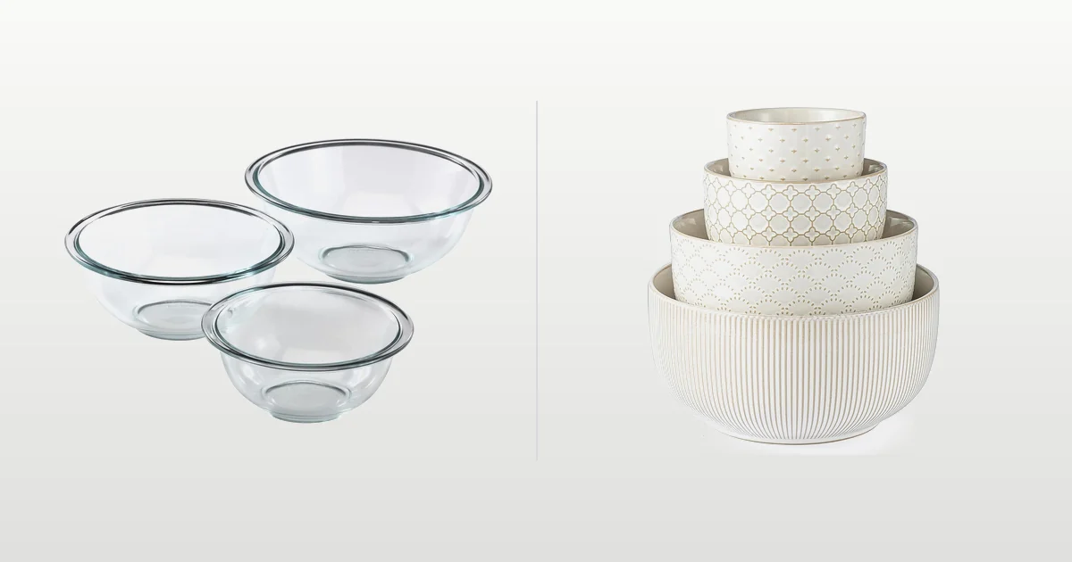 Pyrex Essentials glass mixing bowl set and Mikiegy ceramic nesting bowls compared side by side