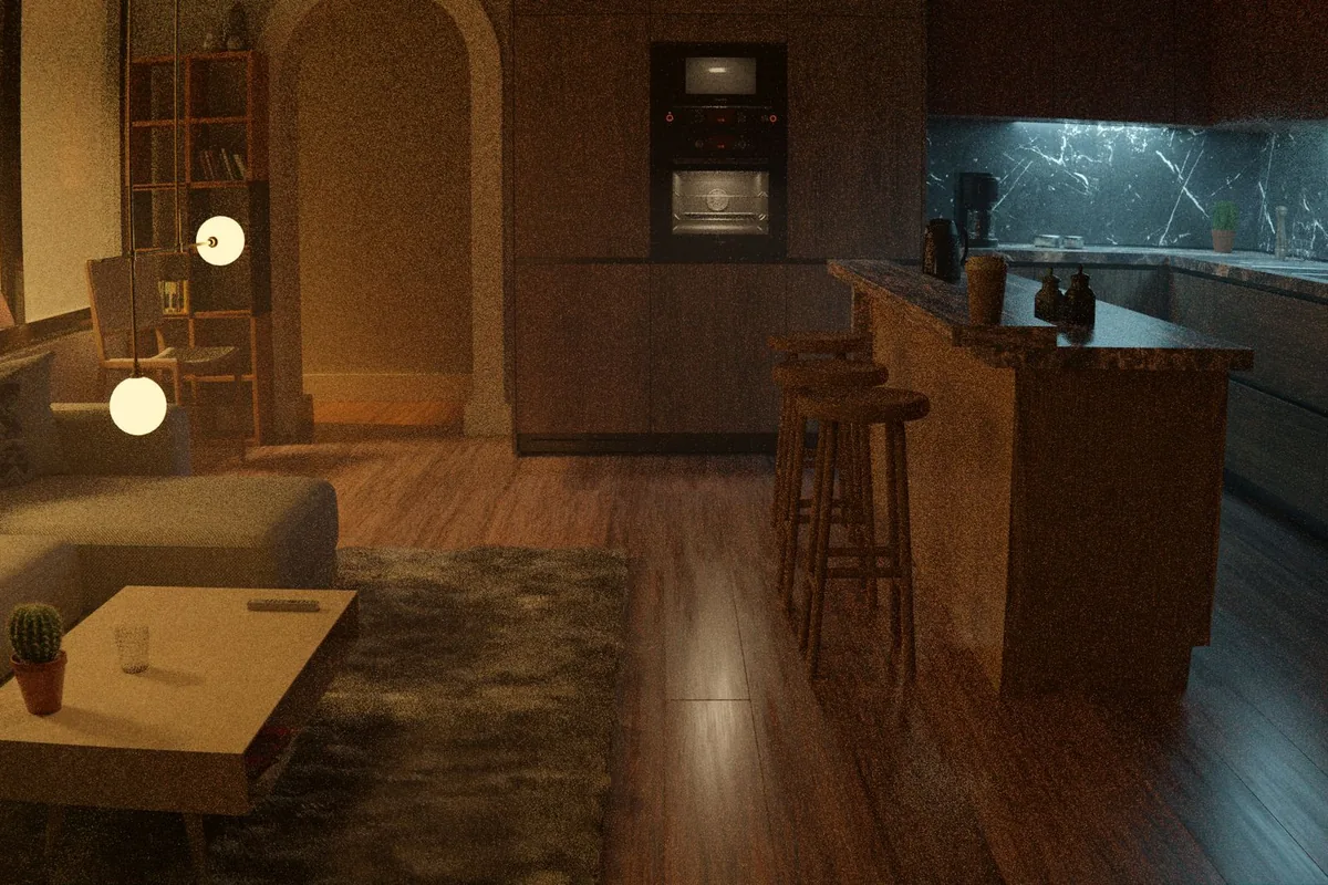 Modern kitchen at night lit only by under cabinet lights