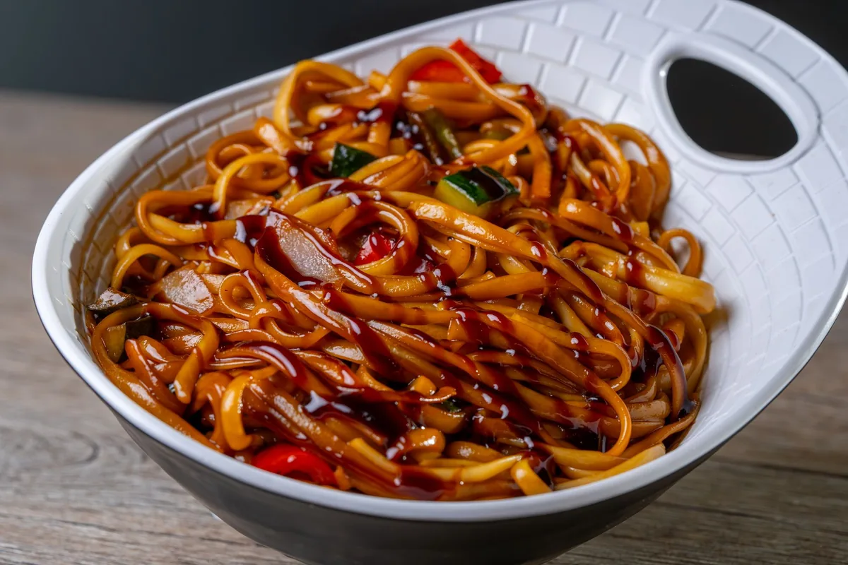 Noodles drizzled with a dark soy sauce glaze