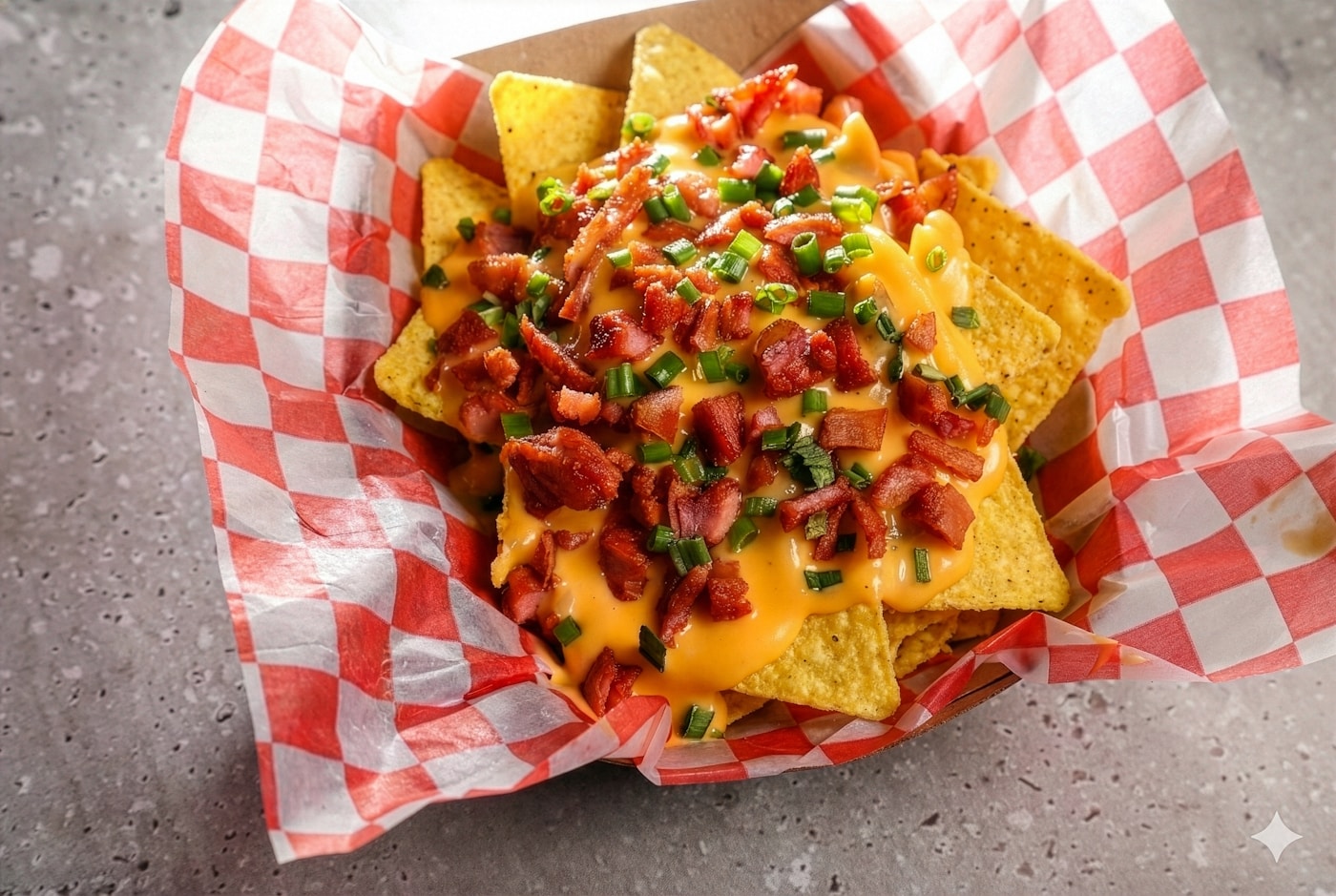 Loaded nachos topped with melted queso, bacon, and green onion