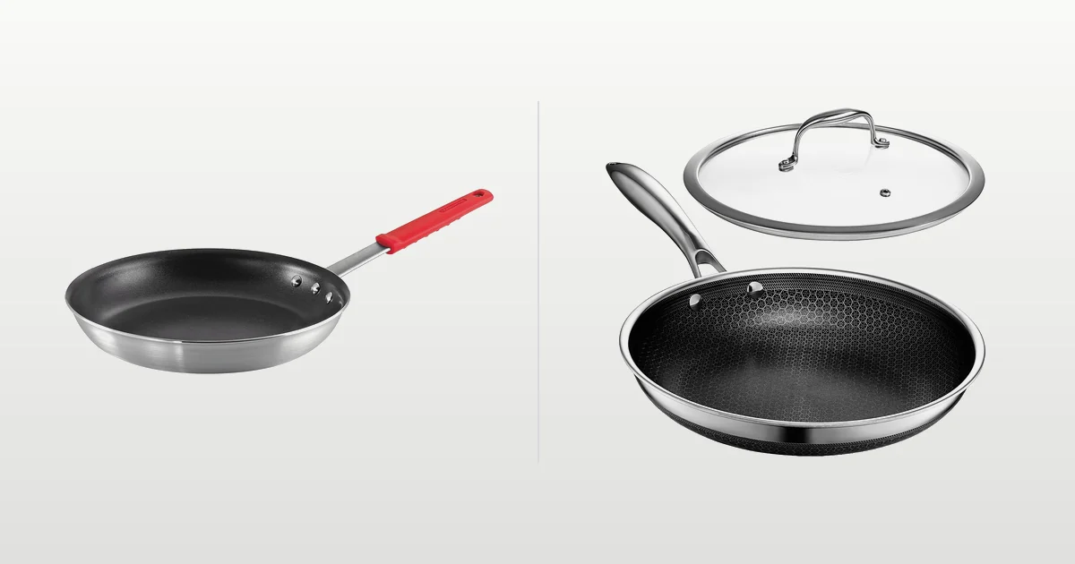 Tramontina Professional 12-inch nonstick pan and HexClad 10-inch hybrid pan compared side by side