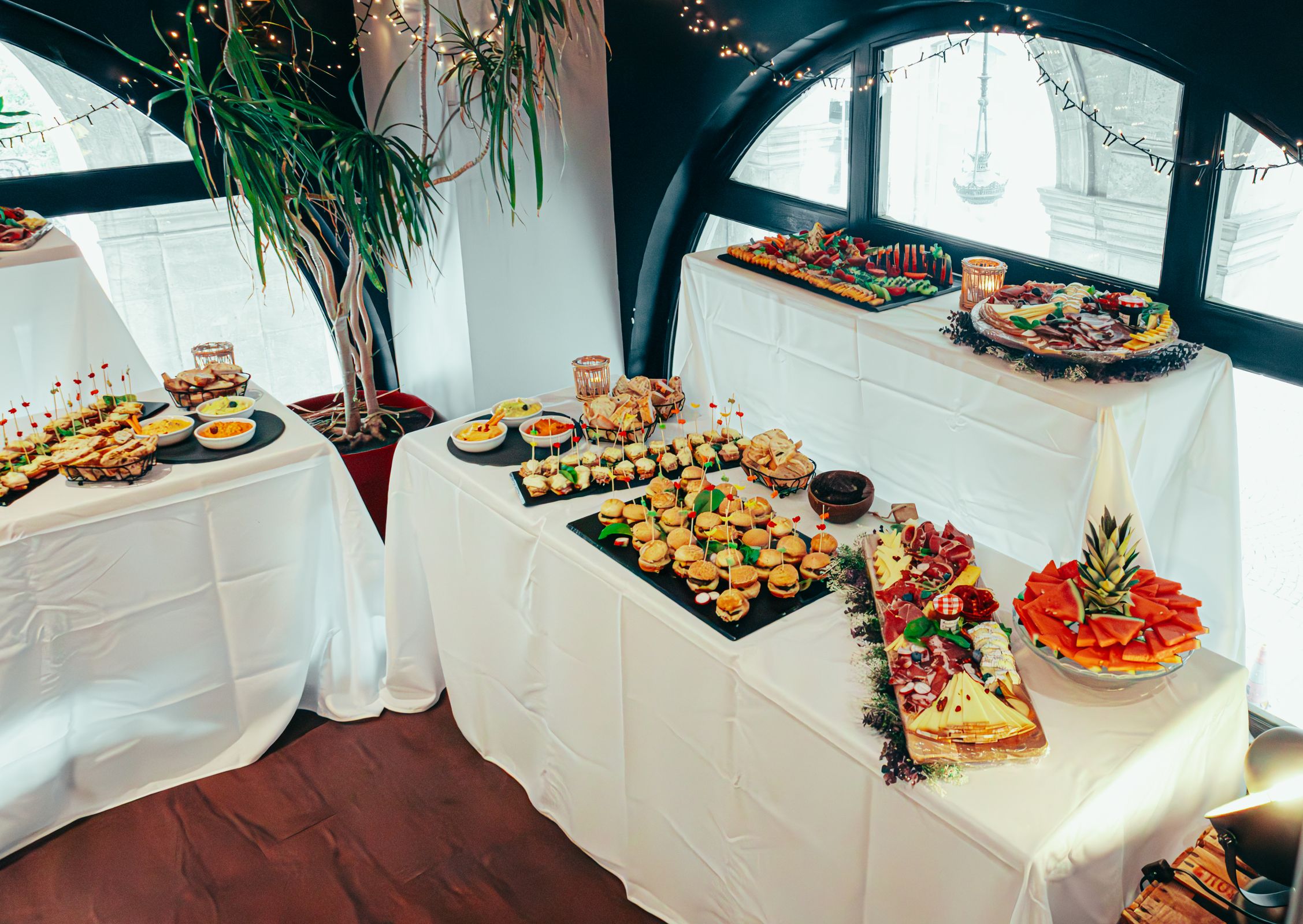 Elegant buffet table with a variety of appetizers