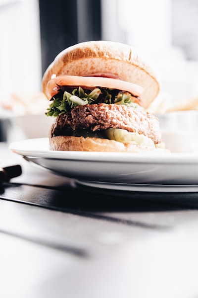 Plain hamburger with lettuce, tomato, and pickles on a bun