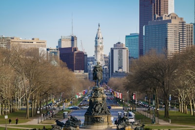 Philadelphia skyline view from Eakins Oval with City Hall in the distance