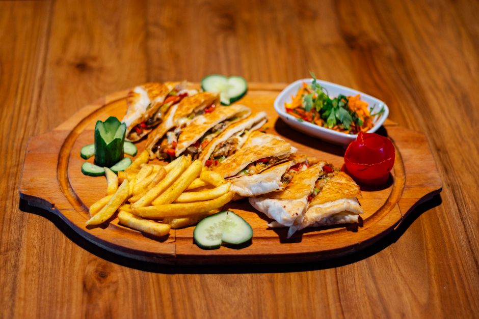 Quesadilla, French Fries & Can of Soda