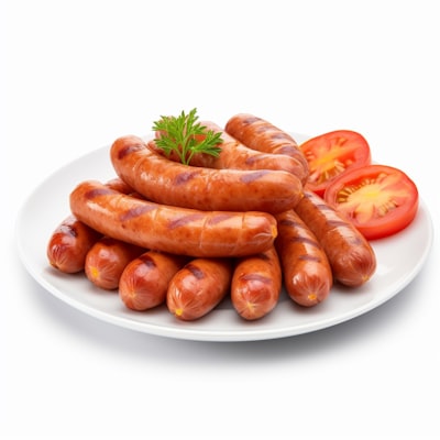 Grilled Italian sausage links with tomato garnish