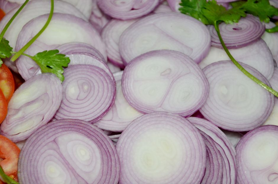 Sliced red onion and fresh cilantro