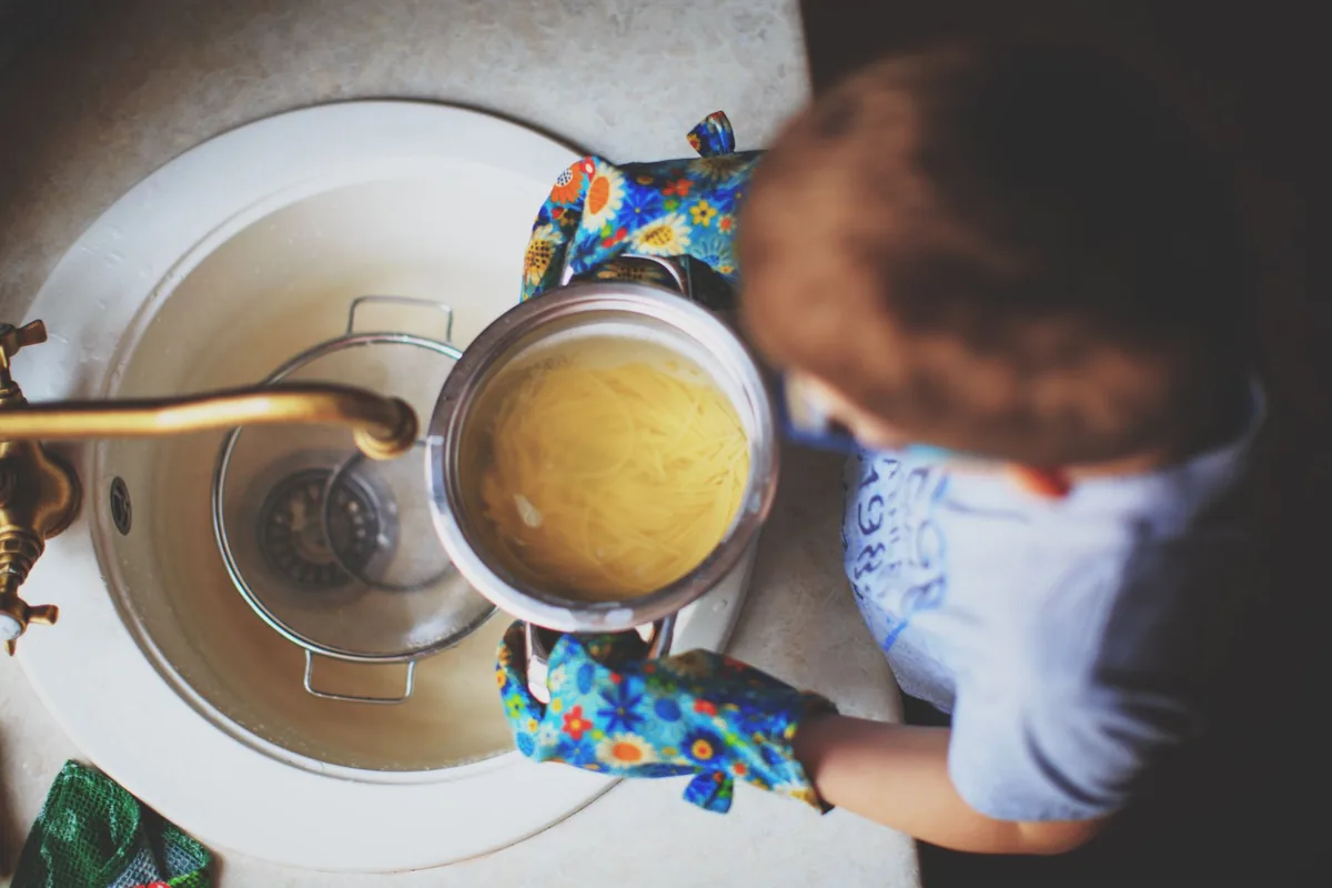 Pasta draining in a sink