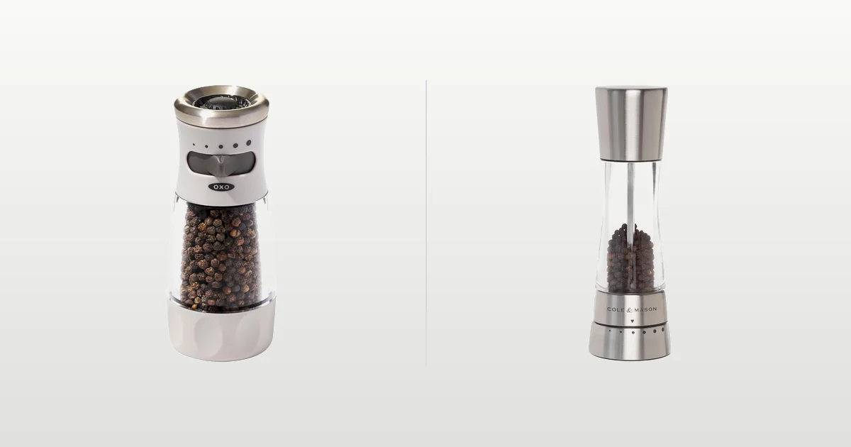 OXO Good Grips ceramic pepper grinder and Cole and Mason Derwent steel pepper mill compared side by side
