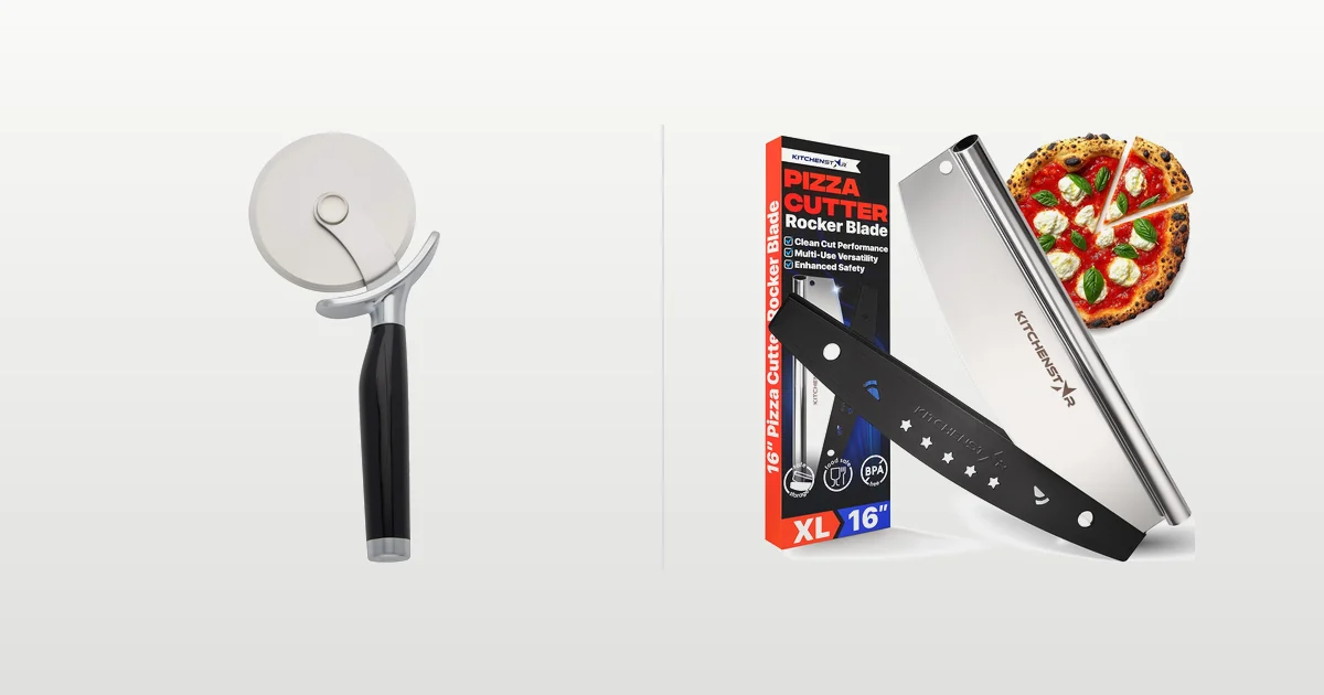 KitchenAid Classic pizza wheel and KitchenStar 16-inch pizza rocker blade compared side by side