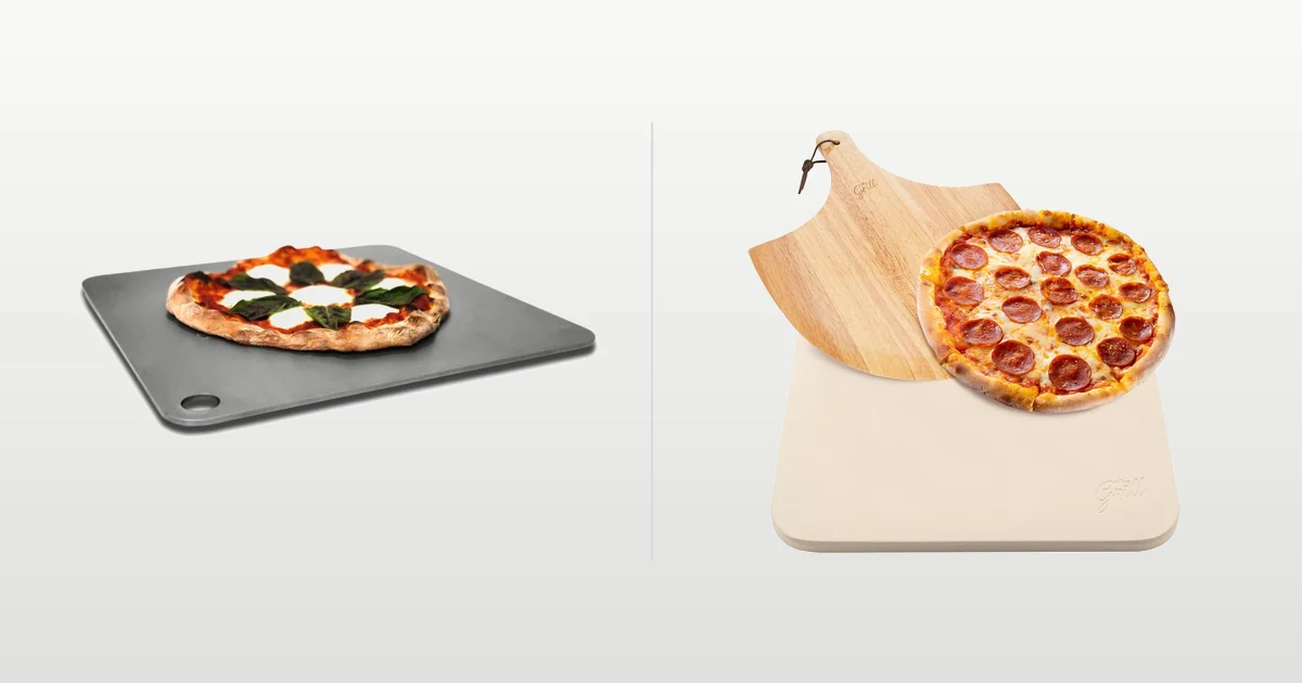 ThermiChef 16 inch pizza steel and Hans Grill cordierite pizza stone compared side by side
