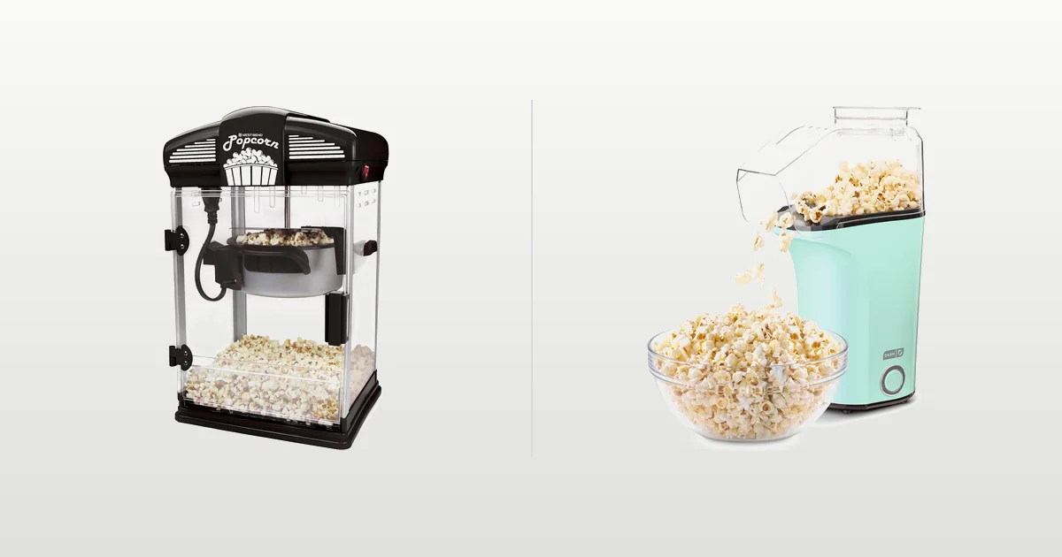 West Bend Stir Crazy and Dash Fresh Pop popcorn makers compared side by side