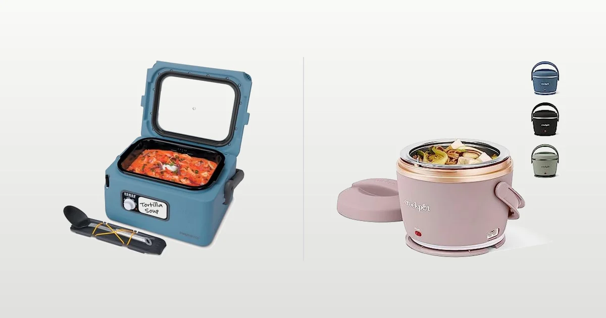 Presto Nomad eight quart traveling slow cooker and Crock-Pot electric lunch box compared side by side