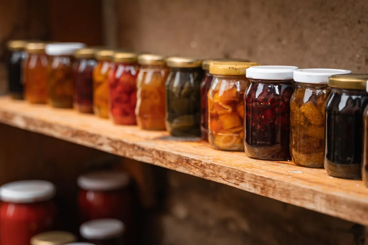 Homemade preserves in mason jars arranged on a rustic wooden shelf