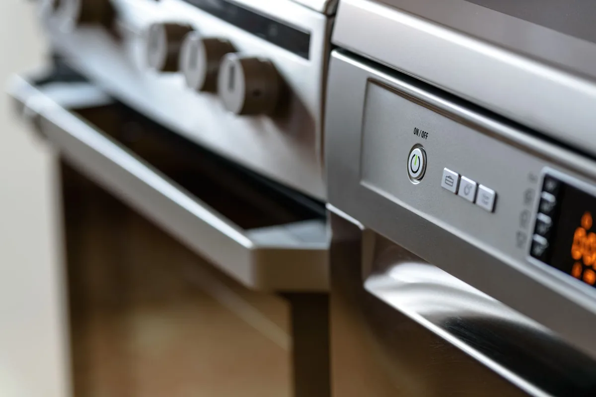Stainless steel kitchen appliances on a worktop