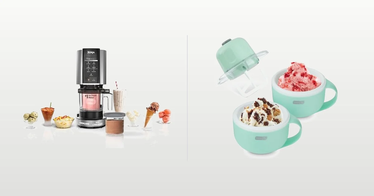 Ninja CREAMi pint spinner and Cuisinart freezer bowl ice cream maker compared side by side for protein ice cream
