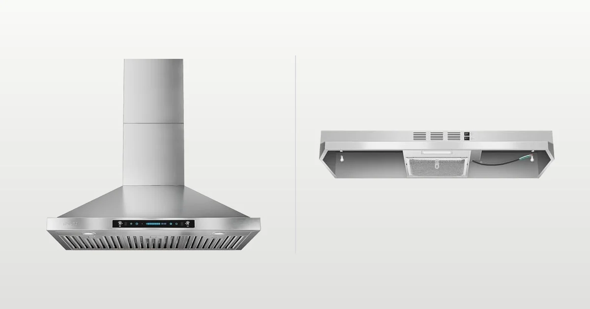 IKTCH 36 inch wall mount range hood and SNDOAS 36 inch under cabinet range hood compared side by side