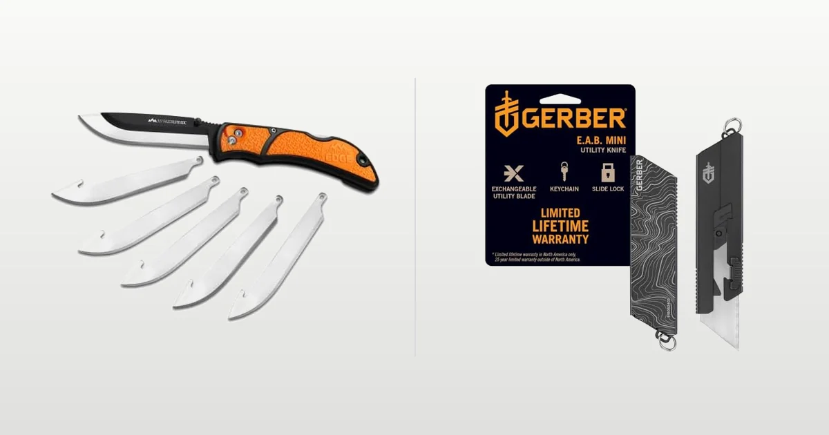 Outdoor Edge RazorLite replaceable blade knife beside a Gerber EAB Mini utility knife