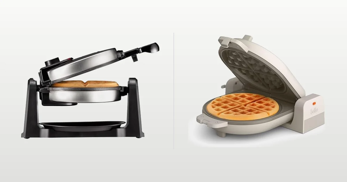 Chefman rotating Belgian waffle maker beside a bella Flip-n-Store waffle maker