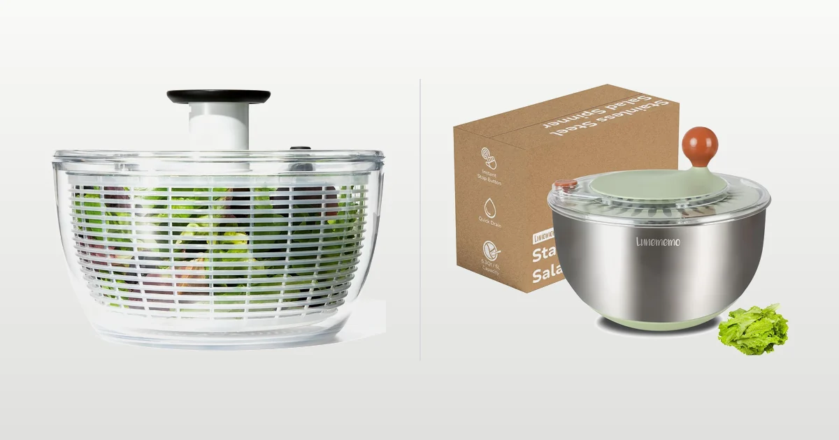 OXO Good Grips plastic salad spinner and Lunememo stainless steel salad spinner compared side by side