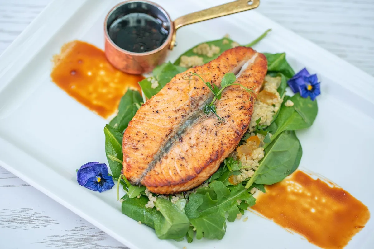 Salmon fillet cooked and plated