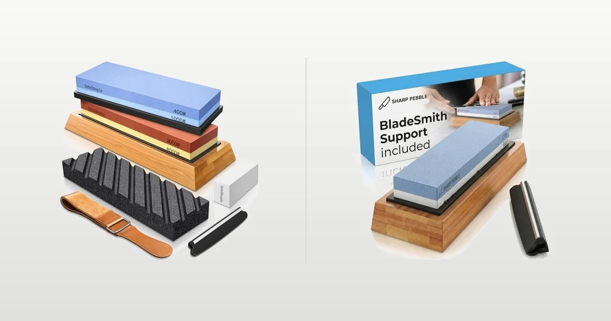 Dual grit whetstone with angle guide beside a double sided diamond sharpening plate